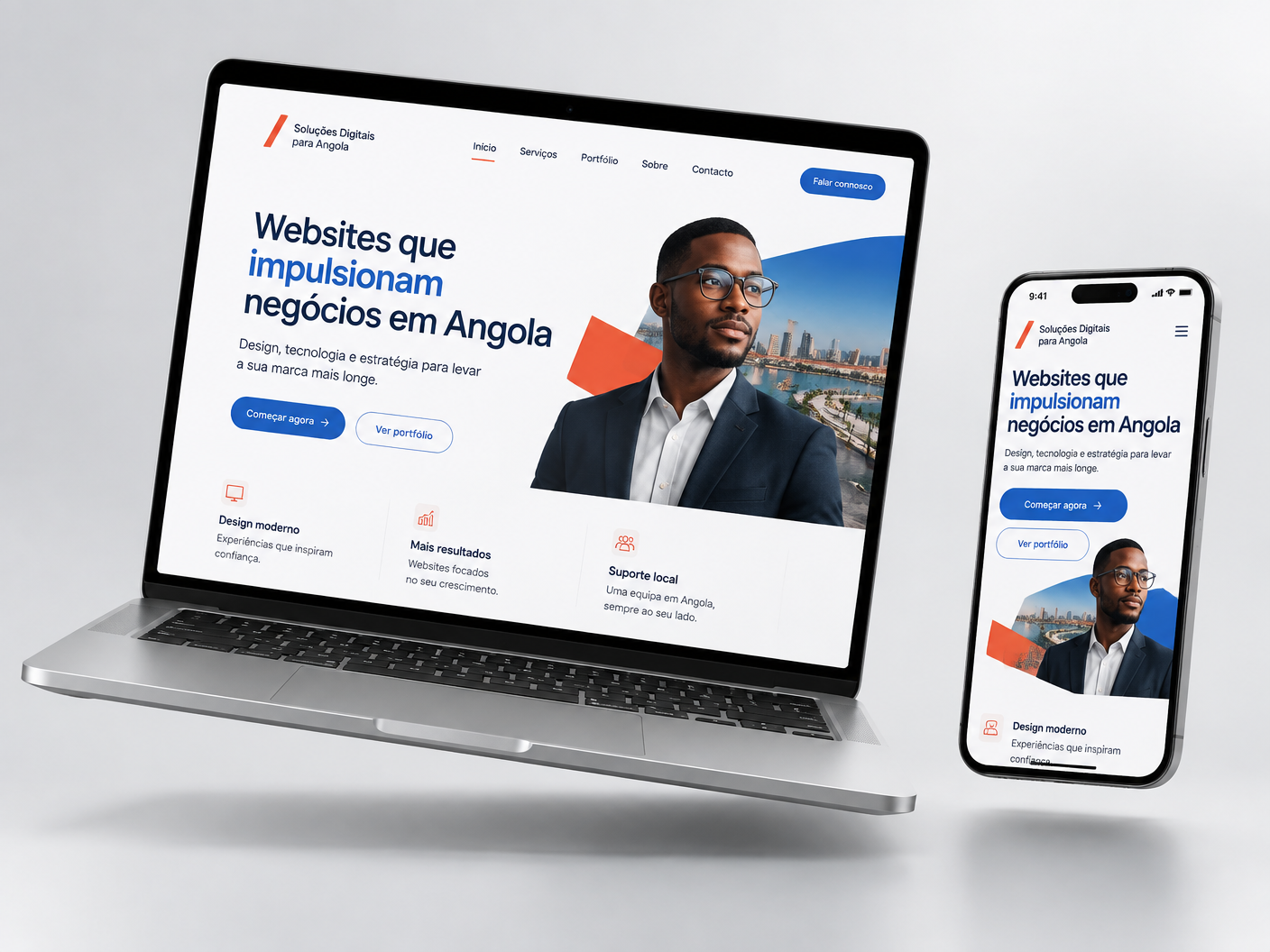 Website profissional apresentado num computador e smartphone